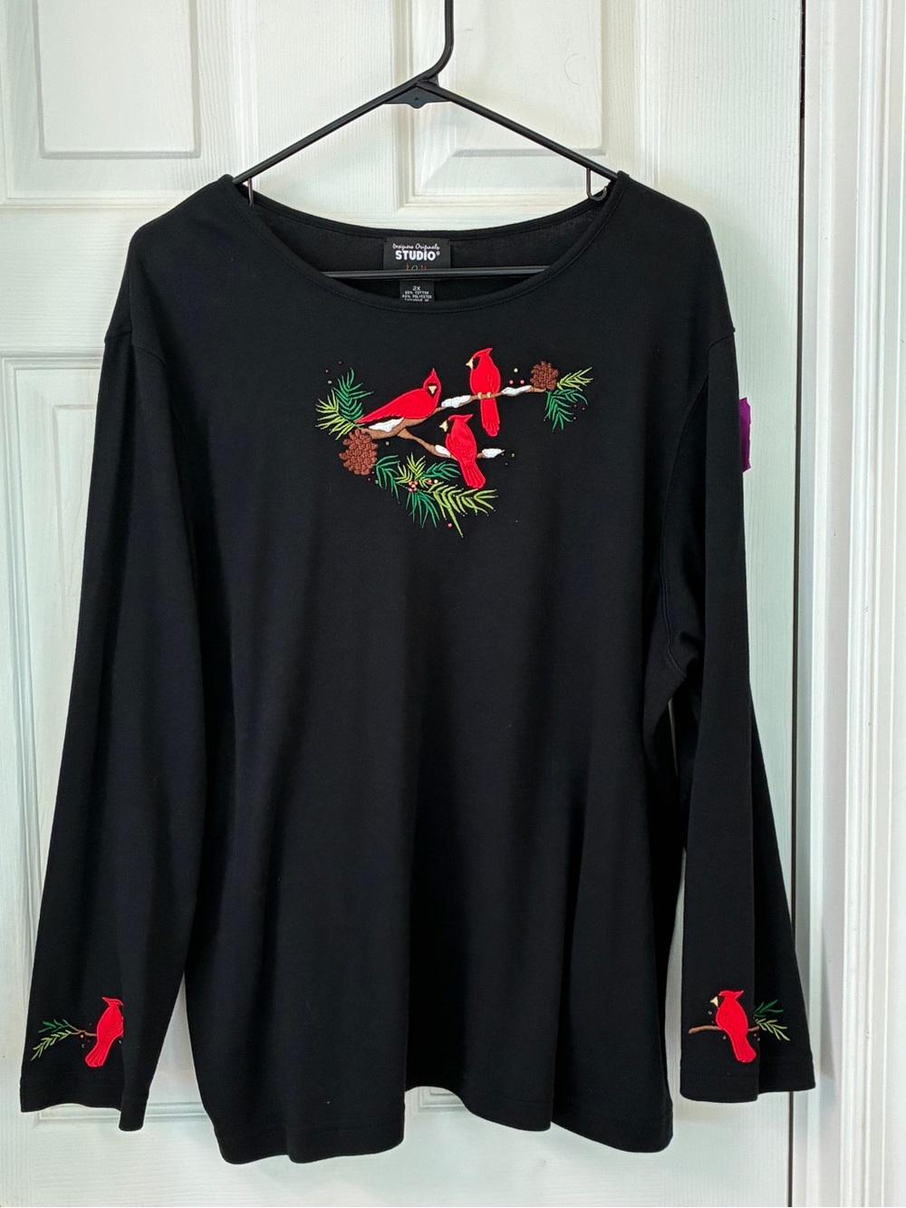 2X Designers Originals Black Long Sleeve Tee with Red Cardinal Embroidery